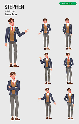 학생 옷 교육 다수 컨셉 모션 청소년 사람 파일형식 벡터 고등학생 포즈 교복 감정 남자 캐릭터 다양 표현 스타일 그림 소통 손짓 학교 국내일러스트 AI파일 일러스트