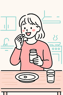 자연요소 감정 음식 의학 관계 건강 관리 사람 라이프 신체부위 약 질병 예방 병_담는 파일형식 벡터 여자 주방 생활 손 약병 물 식사 시간 행복 조리대 즐거움 일상 디저트 가족 국내일러스트 일러스트 AI파일 건강관리 감기 감기예방