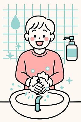 자연요소 감정 컨셉 건강 관리 사람 위생용품 위생 씻기 질병 예방 습관 파일형식 벡터 손씻기 어린이 즐거움 세면대 비누 청결 시간 생활습관 교육 물 거품 화장실 공간 모션 깨끗함 국내일러스트 일러스트 AI파일 건강관리 감기 감기예방