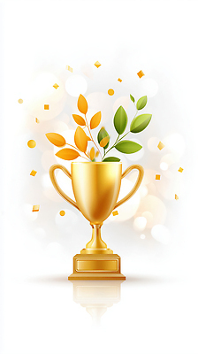 JPG 편집이미지 상징 잎 성공 나뭇잎 기념 이벤트 장식 초록색 노란색 기쁨 금색 축하 우승 화려 트로피 일렬 이미지편집 AI컴퓨터그래픽 AI콘텐츠 식물 감정 컬러 컨셉 최고 상_우승 파일형식