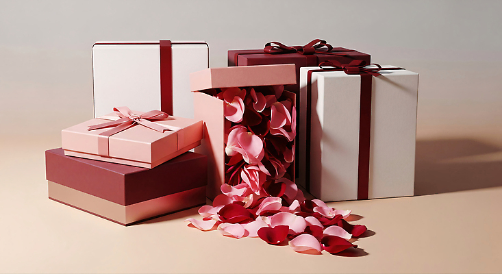 JPG 편집이미지 꽃잎 분홍색 컬러 포장 탁자 선물 사랑 이벤트 장식 상자 장미 로맨틱 꾸미기 독창 이미지편집 AI포토 AI콘텐츠 꽃 감정 가구 컨셉 파일형식