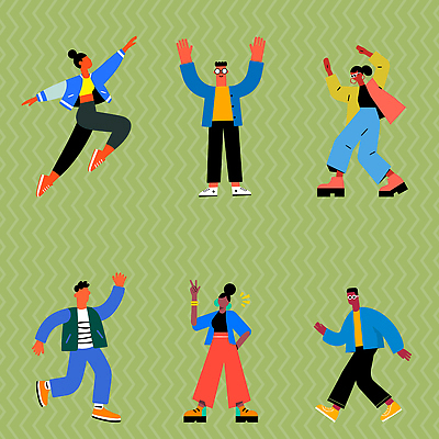 감정 컬러 다수 컨셉 문화예술 사람 파일형식 벡터 캐릭터 춤 즐거움 다양 옷 초록색 백그라운드 표현 모션 포즈 축제 예술 활발 여러명 스타일 에너지 국내일러스트 AI파일 일러스트