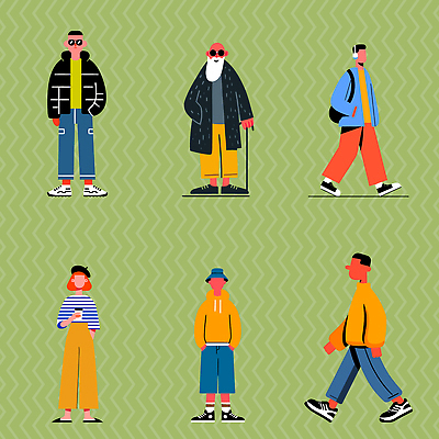 옷 다수 모션 사람 파일형식 벡터 캐릭터 거리 걷기 패션 스타일 여러명 컬러 백그라운드 그래픽 디자인 도시 개성 캐주얼 표현 국내일러스트 AI파일 일러스트
