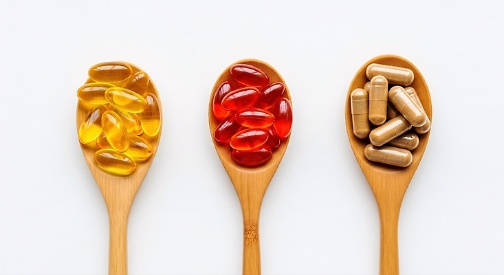 JPG 편집이미지 라이프스타일 웰빙 음식 컬러 자연 건강 알약 젤리 비타민 나무숟가락 영양제 오메가 아미노산 편집실사 AI포토 AI콘텐츠 디저트 생활 약 숟가락 CG 생태계 영양소 파일형식