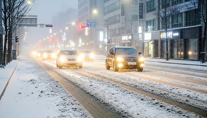 계절 길 육상교통 컨셉 교통시설 눈_날씨 운전 CG 교통안전 파일형식 겨울 도로 자동차 도시 눈보라 날씨 교통 거리 이동 차선 주행 풍경 신호등 편집실사 JPG 편집이미지 눈길운전 눈길 블랙아이스 안전운전
