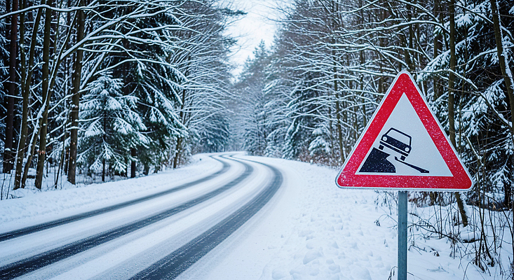 계절 길 선 육상교통 컨셉 교통시설 모션 알림판 눈_날씨 운전 CG 생태계 교통안전 파일형식 도로 겨울 위험 경고 표지판 숲 곡선 자동차 미끄러짐 풍경 안전 자연 날씨 편집실사 JPG 편집이미지 눈길운전 눈길 블랙아이스 안전운전