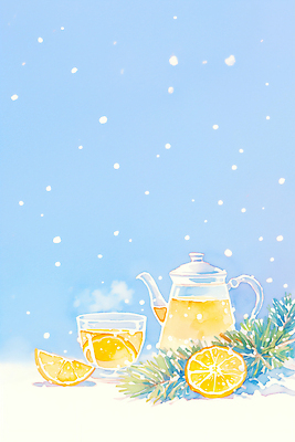 식기 계절 감정 컬러 가구 오렌지 과일 주전자 귤 눈_날씨 차 생태계 파일형식 겨울 잔 탁자 음료 따뜻함 풍경 찻주전자 자연 오렌지조각 오브젝트 흰색 눈내림 빛 여유 국내일러스트 일러스트 JPG 감귤차