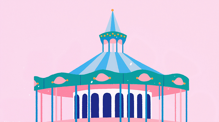 JPG 행복 여유 어린이 컬러 일러스트 가족 모션 놀이 풍경 놀이공원 놀이기구 즐거움 회전목마 분홍색배경 국내일러스트 AI일러스트 AI콘텐츠 감정 분홍색 백그라운드 관계 사람 테마파크 파일형식