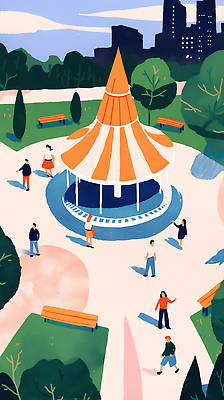 JPG 나무 공원 여유 예술 벤치 일러스트 가족 모션 자연 대화 풍경 여러명 여름 친구 산책 놀이공원 만남 시간 그룹 즐거움 그림 회전목마 노래방 국내일러스트 AI일러스트 AI콘텐츠 식물 계절 공공시설 감정 다수 컨셉 의자 관계 휴식 말하기 사람 테마파크 놀이기구 생태계 파일형식