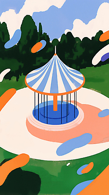 JPG 디자인 공원 예술 컬러 패턴 일러스트 자연 휴식 풍경 야외 그래픽 여름 평화 놀이공원 탐험 중앙 즐거움 조경 회전목마 국내일러스트 AI일러스트 AI콘텐츠 계절 공공시설 감정 컨셉 무늬 테마파크 놀이기구 생태계 파일형식