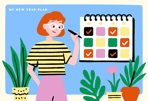 옷 컨셉 내부 라이프 필기구 연도 확인 파일형식 벡터 계획 새해 달력 체크표시 컬러 백그라운드 사람 펜 식물 실내 캐주얼 목표 모션 정리 미래 시간 일상 AI파일 국내일러스트 일러스트 2026년