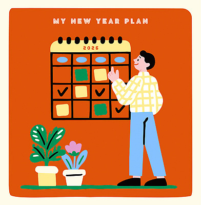 감정 컨셉 사람 라이프 연도 파일형식 벡터 새해 계획 달력 남자 체크리스트 식물 화분 2025년 시간관리 목표설정 성공 여유 긍정적 아이디어 일상 AI파일 국내일러스트 일러스트 2026년
