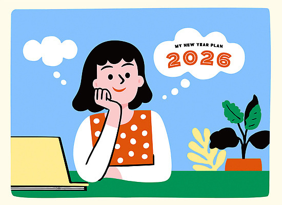 감정 가구 컨셉 라이프 연도 파일형식 벡터 계획 새해 2026년 사람 상상 집중 의자 책상 화분 식물 휴식 디자인 긍정적 목표설정 창의성 일과 일상 행복 AI파일 국내일러스트 일러스트