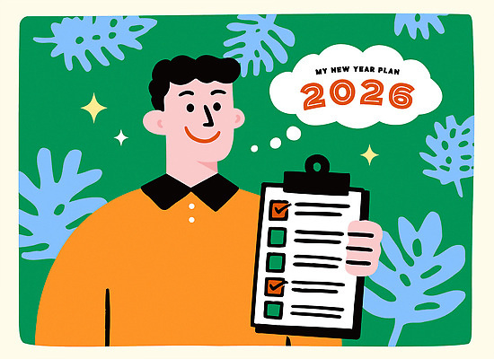 감정 컨셉 사람 연도 파일형식 벡터 새해 계획 체크리스트 남자 2026년 목표 행복 발전 디자인 색감 긍정 성장 실천 희망 자기계발 미래 AI파일 국내일러스트 일러스트