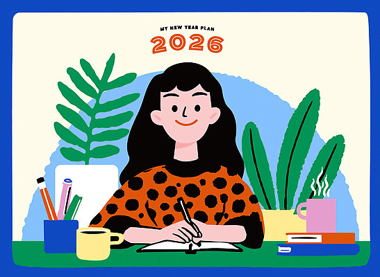 계절 가구 컨셉 관계 모션 문구용품 연도 파일형식 벡터 새해 계획 2026년 기록 책상 사무용품 식물 사람 앉기 디자인 컬러 친구 목표 창의성 스타일 정리 겨울 AI파일 국내일러스트 일러스트