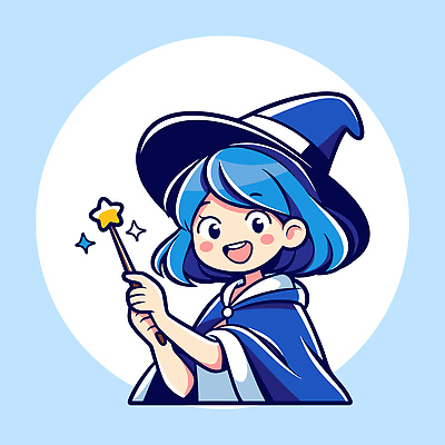 여자 감정 어린이 컬러 컨셉 모션 상상 표정 사람 파일형식 벡터 마법 소녀 지팡이 마법사 웃음 반짝임 캐릭터 파란색 동화 즐거움 귀여움 판타지 스토리 국내일러스트 AI파일 일러스트