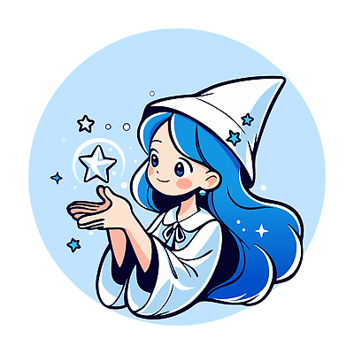 자연요소 모자_잡화 헤어스타일 여자 감정 어린이 컨셉 신체부위 파일형식 벡터 마법 소녀 별 파란머리 마법사모자 행복 표정 손 상상 캐릭터 귀여움 꿈 신비 환상 놀이 창의력 국내일러스트 AI파일 일러스트