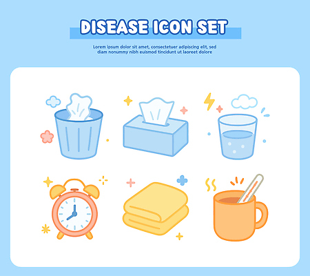 시계 의학 컵 위생용품 알람 위생 오브젝트 파일형식 벡터 질병 건강 청결 예방 화장지 쓰레기통 물컵 자명종 수건 생활용품 안전 세트 디자인 증상 보건 국내일러스트 AI파일 일러스트