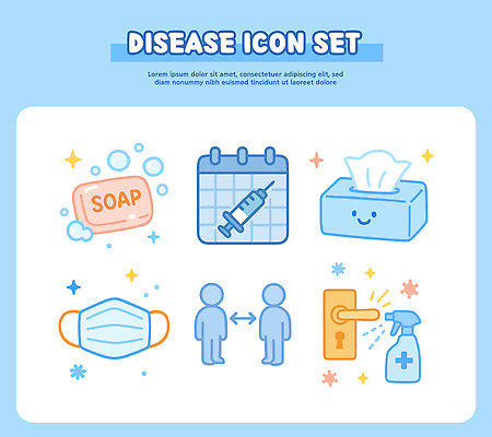 캠페인 의학 위생용품 위생 씻기 파일형식 벡터 질병 예방 손씻기 마스크 백신 접종 청결 기침 재채기 감염 소독 사회적거리두기 건강 안전 비누 화장지 국내일러스트 AI파일 일러스트