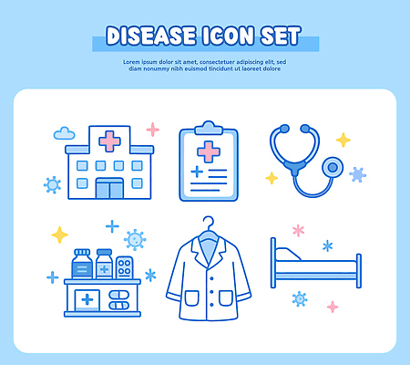 문자 가구 의학 의료기기 의료진 의사 가운 파일형식 벡터 병원 질병 기호 청진기 의사가운 침대 약 심볼 건강 치료 그림 환자 약국 병상 국내일러스트 AI파일 일러스트