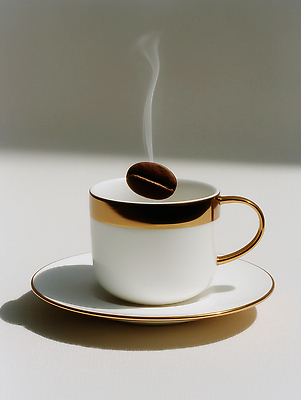 JPG 편집이미지 커피 아침 따뜻함 일상 생활 컵 원두 금색 흰색 고급 연기 편안함 테두리 차분 이미지편집 AI컴퓨터그래픽 AI콘텐츠 주간 식기 음료 컬러 컨셉 라이프 감각 파일형식