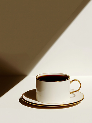 JPG 편집이미지 디자인 커피 음료 탁자 아침 잔 따뜻함 그림자 빛 흰색 고급 창가 소서 색감 이미지편집 AI컴퓨터그래픽 AI콘텐츠 주간 식기 컬러 가구 컨셉 창문 여름 절기 파일형식