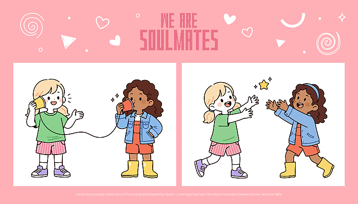 행복 어린이 일러스트 관계 모션 놀이 대화 사랑 웃음 손짓 친구 우정 표현 끈 놀이기구 연결 전화기 상상력 순간 국내일러스트 AI파일 감정 표정 말하기 사람 파일형식 벡터