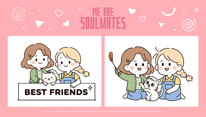 캐릭터 여자 행복 어린이 일러스트 놀이 사랑 사람 일상 친구 반려동물 장난감 귀여움 고양이 우정 표지판 즐거움 그림 순간 국내일러스트 AI파일 동물 감정 컨셉 포유류 관계 알림판 라이프 파일형식 벡터