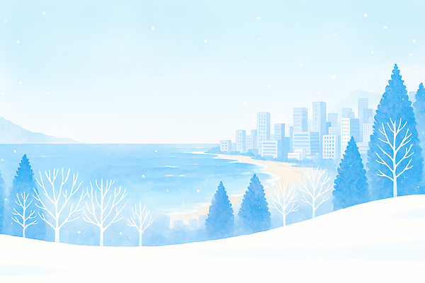 자연요소 나무 식물 건축물 계절 바다 컬러 잎 날씨 풍경 파란색 생태계 파일형식 겨울 도시 소나무 해변 건물 자연 조화 고요 경관 수평선 낙엽 JPG 국내일러스트 일러스트 하늘색 눈
