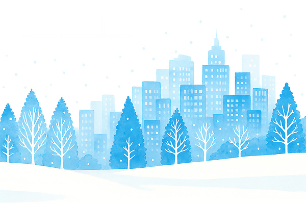 자연요소 식물 건축물 계절 컬러 날씨 눈_날씨 파란색 생태계 국민 파일형식 겨울 도시 풍경 나무 건물 자연 고요 눈발 하늘 수목 웅장함 차가움 숲 시민 조화 JPG 국내일러스트 일러스트 하늘색 눈