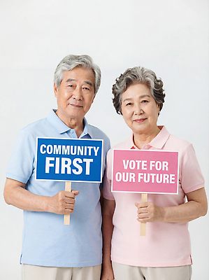 JPG 편집이미지 부부 노년 미래 운동 희망 팻말 메시지 의식 투표 긍정 시민 보람 참여 권리 지역사회 편집실사 AI인물포토 AI콘텐츠 커플 감정 컨셉 프레임 건강 성인 선거 CG 국민 파일형식 AI포토