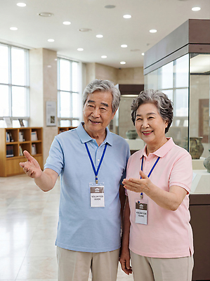 JPG 편집이미지 문화 모션 미소 친구 노부부 봉사 도움 체험 박물관 소통 기념사진 방문객 전시실 지역사회 편집실사 AI인물포토 AI콘텐츠 부부 컨셉 관계 표정 전시회 CG 파일형식 AI포토