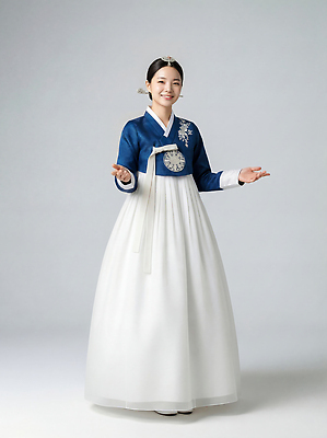 JPG 편집이미지 전통 옷 여자 패션 문화 한국 미소 손짓 파란색 흰색 전통의상 한복 뷰티풀 의료성형뷰티 편집실사 AI인물포토 AI콘텐츠 한국전통 아시아 컬러 모션 표정 사람 CG 파일형식 AI포토