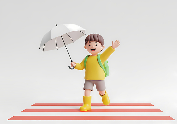 JPG 편집이미지 캐릭터 행복 초등학생 어린이 신발 가방 우산 아침 거리 노란색 걷기 횡단보도 교통안전 편집3D AI컴퓨터그래픽 AI콘텐츠 주간 학생 잡화 감정 컬러 모션 안전 사람 3D 보행로 파일형식