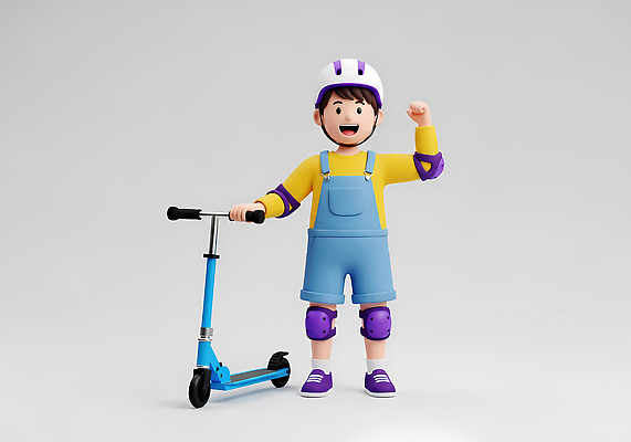 JPG 편집이미지 캐릭터 디자인 어린이 놀이 운동 스쿠터 헬멧 안전장비 즐거움 교통안전 밝은색 편집3D AI컴퓨터그래픽 AI콘텐츠 감정 건강 안전 사람 3D 장비 오토바이 보호장비 파일형식