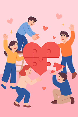 행복 예술 컬러 일러스트 모션 협력 사랑 웃음 여러명 친구 기쁨 하트 표현 퍼즐 분위기 즐거움 긍정 소통 창의력 상호작용 국내일러스트 AI파일 모양 감정 다수 컨셉 관계 표정 사람 파일형식 벡터