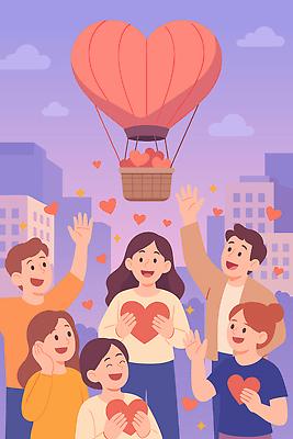 행복 감정 일러스트 가족 하늘 거리 사랑 풍경 이벤트 여러명 친구 축제 기쁨 열기구 하트 도시 저녁 즐거움 색감 참여 국내일러스트 AI파일 모양 다수 관계 항공교통 사람 야간 파일형식 벡터