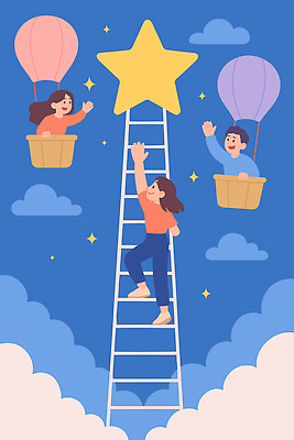 별 일러스트 장난 사다리 응원 모션 상상 놀이 하늘 풍경 친구 우정 꿈 자유 도전 열기구 목표 즐거움 상승 국내일러스트 AI파일 자연요소 감정 컨셉 관계 항공교통 도구 파일형식 벡터