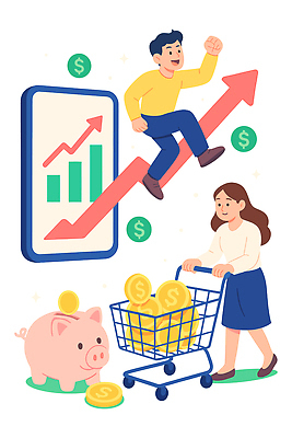 교육 감정 컨셉 돈 비즈니스 금융 경제 쇼핑 바구니 상승 파일형식 벡터 소비 저축 성장 그래프 장바구니 동전 투자 경제교육 기쁨 목표 경제성장 고객 가계부 계획 일러스트 AI파일 국내일러스트