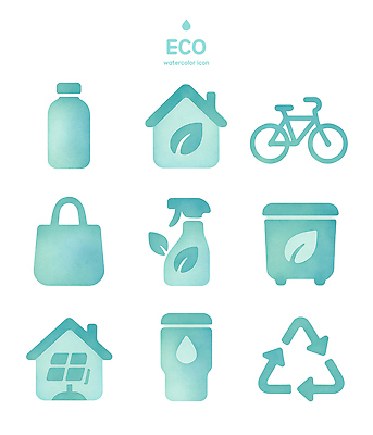자연요소 잡화 잎 건물 환경 바이크 물통 친환경 소독제 파일형식 수채화 물병 자전거 주택 재활용 가방 손소독제 쓰레기통 나뭇잎 물 에코 PSD 일러스트 국내일러스트