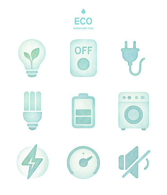 환경 가전제품 에너지 친환경 파일형식 에코 디자인 수채화 전구 플러그 건전지 세탁기 전기에너지 소비 재활용 PSD 일러스트 국내일러스트