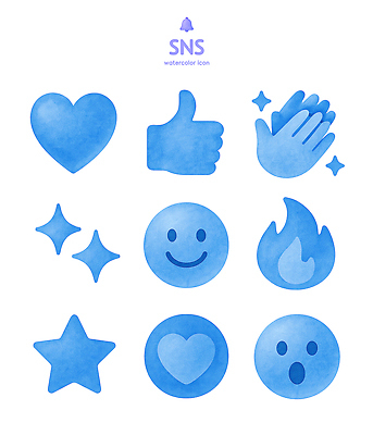 자연요소 모양 아이콘 손 컬러 컨셉 불 표정 파일형식 이모티콘 수채화 감정 소통 소셜네트워크 하트 웃음 손바닥 별 불꽃 파란색 디자인 표현 그림 2D아이콘 PSD