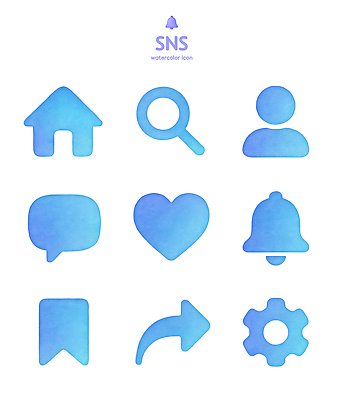 아이콘 컬러 컨셉 건물 파일형식 디자인 소셜네트워크 수채화 파란색 주택 검색 사용자 메시지 좋음 알림 북마크 화살표 설정 2D아이콘 PSD