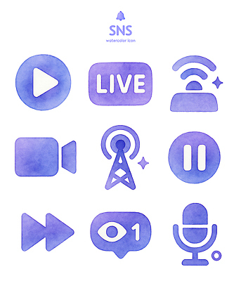 아이콘 음향기기 파일형식 소셜미디어 수채화 표현 라이브 영상 방송 통신 마이크 재생 일시정지 알림 네트워크 2D아이콘 PSD 소셜네트워크