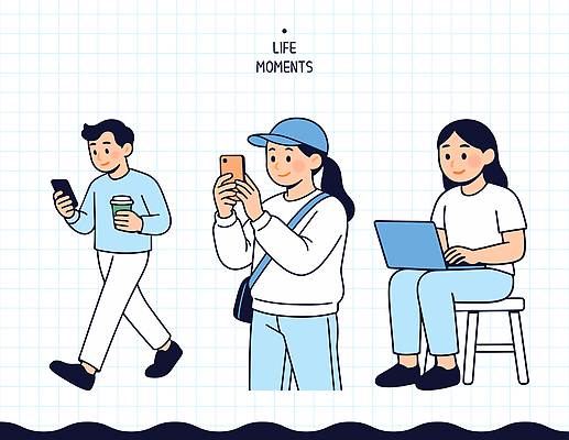 음료 컨셉 모션 사람 라이프 전자제품 핸드폰 스마트기기 감각 파일형식 벡터 일상 순간 모바일 기계 커피 남자 여자 걷기 스마트폰 집중 노트북 캐릭터 그래픽 소통 편안함 환경 국내일러스트 AI파일 일러스트