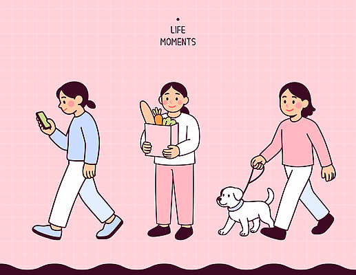 감정 컨셉 포유류 관계 모션 휴식 건강 건물 라이프 핸드폰 스마트기기 반려동물 개 생태계 파일형식 벡터 일상 스마트폰 장보기 산책 사람 걷기 음식 귀여움 주택 운동 시간 행복 스타일 자연 강아지 친구 국내일러스트 AI파일 일러스트