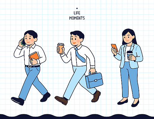 직업 음료 비즈니스 모션 휴식 말하기 사람 라이프 생활 핸드폰 스마트기기 작업 파일형식 벡터 걷기 스마트폰 커피 일상 남자 여자 직장인 면접 업무 산책 통화 대화 사무실 도시 여행 라이프스타일 아이템 국내일러스트 AI파일 일러스트