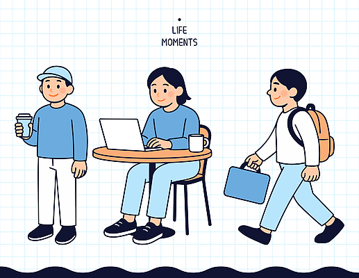 직업 잡화 음료 다수 컨셉 비즈니스 모션 사람 라이프 생활 전자제품 상점 업무 작업 파일형식 벡터 일상 여러명 노트북 커피 남자 여자 걷기 가방 사무 카페 사무실 소통 학생 직장인 순간 디자인 국내일러스트 AI파일 일러스트