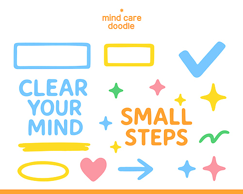 다수 컨셉 라이프 파일형식 벡터 마음 정리 단계 메시지 낙서 창의성 컬러 긍정 변화 평화 아기자기 일상 소통 디자인 문자 스티커 그래픽 다양 집중 휴식 국내일러스트 AI파일 일러스트