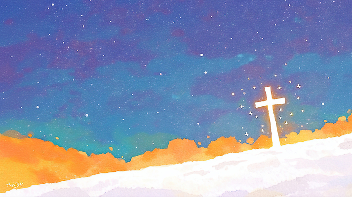 JPG 감정 종교 예술 십자가 일러스트 자연 하늘 따뜻함 풍경 빛 고요 저녁 신비 이미지 조화 별빛 색감 환상 국내일러스트 AI일러스트 AI콘텐츠 별 컨셉 야간 생태계 파일형식